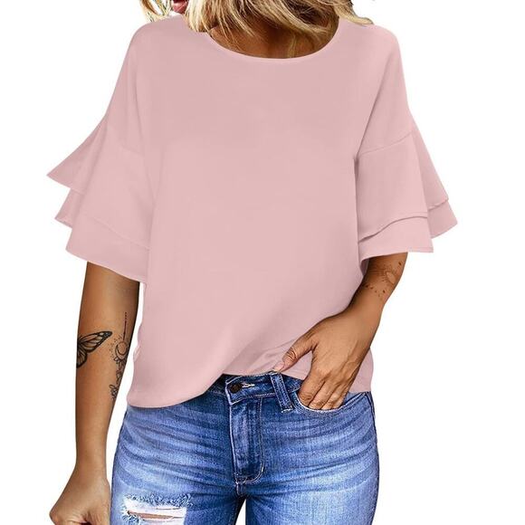 Zara Pink Pink Flounce Short Sleeve Loose Fit Blouse Women's Size L - Picture 1 of 6